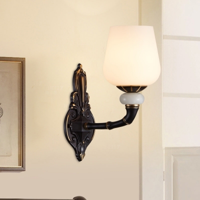 White Glass Black Finish Wall Sconce Conical 1/2-Light Retro Style Wall Mounted Lighting with Curved Arm