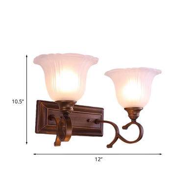 White Glass Flared Surface Wall Sconce Country 1/2-Light Bedroom Wall Lighting in Coffee with Swooping Arm