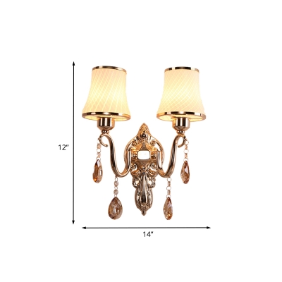 White Lattice Glass Flared Wall Light Traditional 2-Light Bedside Sconce Lamp in Brass