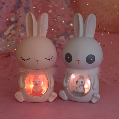 White/Pink Rabbit LED Table Stand Light Cartoon Resin Battery Night Lamp for Kids Bedroom