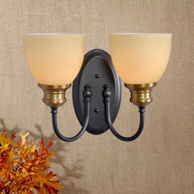 1/2-Head Wall Sconce Light Retro Dining Room Wall Lamp with Bowl Beige Glass Shade and Black Curved Arm