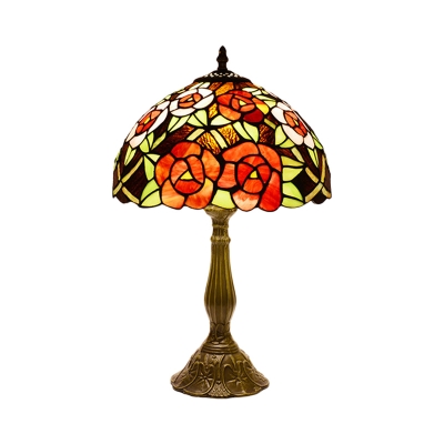 1-Bulb Bedside Night Light Tiffany Red/Orange Floral Patterned Table Lamp with Domed Stained Art Glass Shade