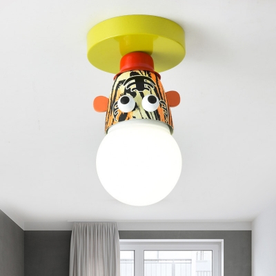 1 Bulb Foyer Mini Semi Flush Light Kids Yellow Ceiling Light with Cow/Giraffe/Tiger Metal Shade
