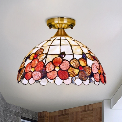 1-Bulb Kitchen Bar Flush Mount Tiffany Brass Ceiling Mount Light with Peony-Border Shell Shade