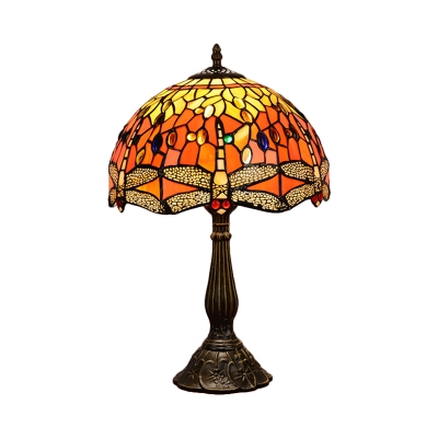 1 Head Bedroom Night Lighting Victorian White/Yellow/Orange Dragonfly Patterned Table Light with Bowl Hand Cut Glass Shade