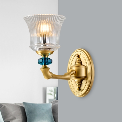 1 Light Clear Ribbed Glass Wall Light Fixture Retro Gold Flared Wall Lamp with Angled Arm