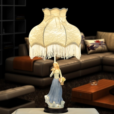 1-Light Printed Fabric Nightstand Light Pastoral Beige Fringe Lounge Table Lamp with Maid Pedestal