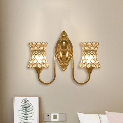 2 Bulbs Crystal Octagon Wall Sconce Mid Century Gold Curving Living Room Wall Light Fixture