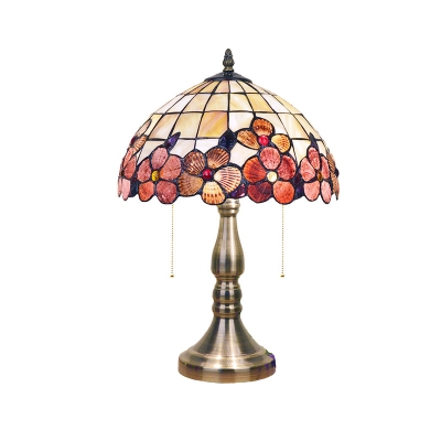 2-Light Bedside Desk Light Victorian Gold Flower Patterned Night Table Lamp with Bowl Shell Shade