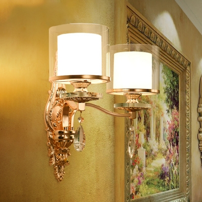 2 Light Wall Sconce Vintage Double Cup Shade Clear And Opal Glass Fixture In Gold Beautifulhalo Com - 2 Light Wall Sconce With Shade