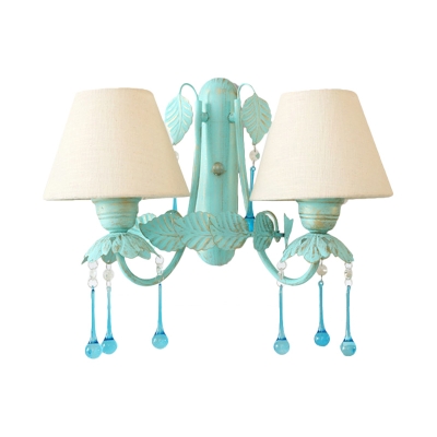 2 Lights Fabric Wall Lighting Korean Garden Blue Conical Living Room Sconce with Crystal Accent