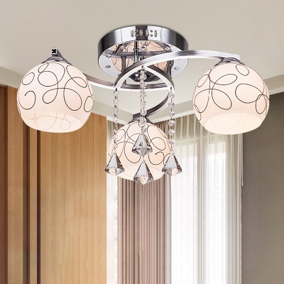 3/5 Heads Semi Flush Ceiling Light Modern Patterned Dome Shade Frosted Glass Flush Mount Fixture in Chrome