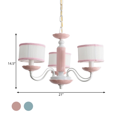 3/6 Heads Bedroom Hanging Lamp Macaron Pink/Blue Finish Ceiling Chandelier with Drum Fabric Shade