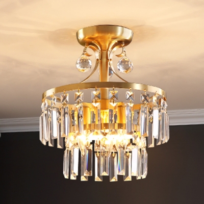 3 Bulbs Semi Flush Lighting Traditional 2-Layer Crystal Rectangle Close to Ceiling Lamp in Brass