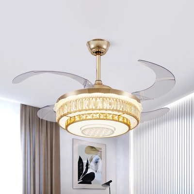 4-Blade Modernism Round Pendant Fan Lighting Crystal Block Living Room LED Semi Flush Lamp Fixture in Gold, 42