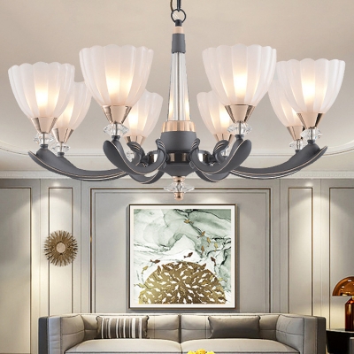 6/8 Heads Bowl Ceiling Chandelier Traditional White Ribbed Glass Pendant Lighting Fixture with Curved Arm