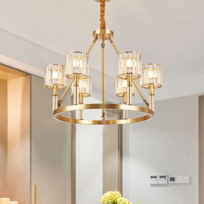 6 Bulbs Crystal Prism Pendant Lamp Modern Brass Circle Dining Room Ceiling Chandelier