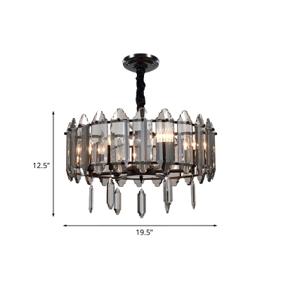 6 Heads Chandelier Lighting Traditional Style Drum Crystal Panel Hanging Lamp Kit in Black