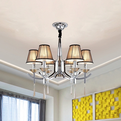 6-Light Pendant Chandelier Modern Dining Room Ceiling Hanging Light with Cone Fabric Shade in Chrome