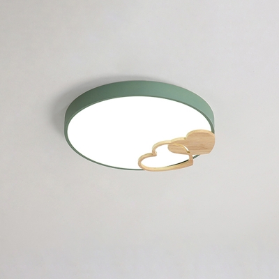 Acrylic Round LED Flush Light Nordic Grey/White/Green Ceiling Mount Lamp with Wood Heart Ornament