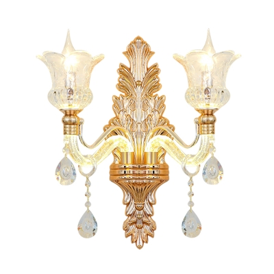 Antique Style Flower Wall Lighting 2 Heads Clear Glass Sconce with Carved Backplate in Gold