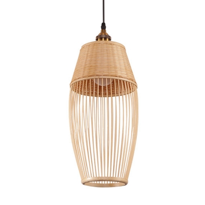 Asian Style Oblong Pendulum Light Bamboo Rattan 1-Head Bedside Suspension Lamp in Beige