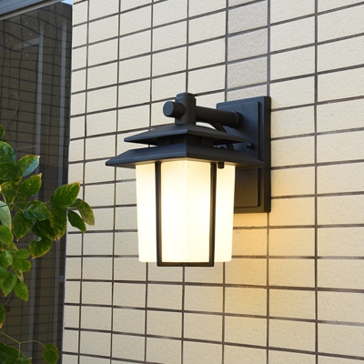 Black/Bronze Lantern Shaped Wall Lamp Retro Style Opal Glass 1 Head Outdoor Wall Mount Light
