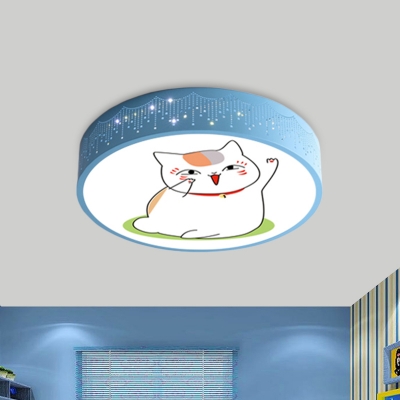 Blue/White Circle Flush Mount Cartoon LED Acrylic Ceiling Mounted Light with Cat Pattern for Nursery