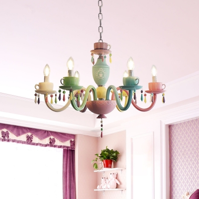 Candlestick Iron Suspension Lighting Macaron 5/6 Lights Blue-Yellow-Green-Pink Chandelier over Table