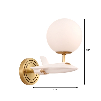 Cartoon Airplane Wall Lamp Resin 1/2-Head Bedside Wall Sconce in White and Gold with Ball Milk Glass Shade