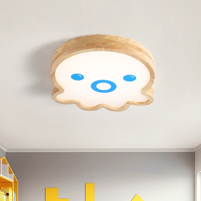 Cartoon Octopus LED Ceiling Flush Wood Kids Bedroom Flushmount Lighting in White/Warm Light