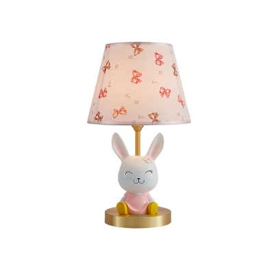 Cartoon Rabbit Resin Night Light Single Head Table Lamp in Pink and White with Fabric Shade