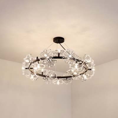 Circle Crystal Ceiling Chandelier Modern 15-Bulb Living Room Pendant in Black with Petal Design