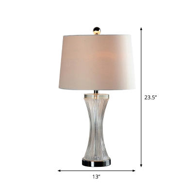 Clear Ribbed Glass Hourglass Table Lamp Modern Single-Bulb Night Stand Light with Fabric Shade