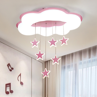 Cloud Child Room Flush Mount Light Acrylic Kids Style LED Ceiling Fixture with Twinkling Star Drape in Pink/Blue