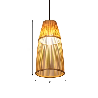 Cone Bamboo Rattan Dop Pendant Asia Style 1 Bulb Beige Hanging Ceiling Light for Bedroom