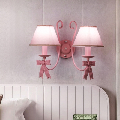 Cone Shade Girl's Room Wall Lamp Fabric 1/2-Bulb Macaron Wall Mount Light with Ribbon and Braided Trim in Pink