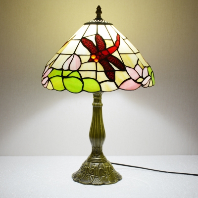 Conic Hand Cut Glass Night Lamp Tiffany Style 1 Bulb Bronze Dragonfly Patterned Nightstand Light