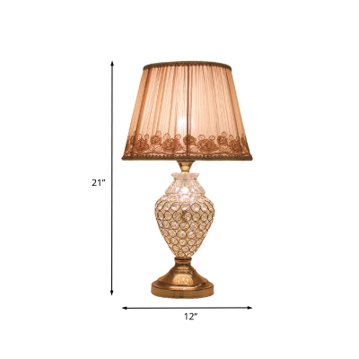 Conical Fabric Table Light Vintage 1-Bulb Bedroom Night Lamp in Gold with Urn Crystal Base