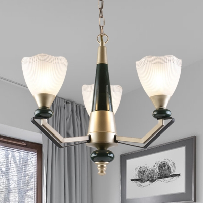 Conical Living Room Chandelier Light Fixture Rural Style White Prismatic Glass 3/6 Lights Gold Suspension Lamp