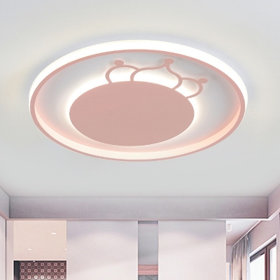 Crown Iron Flush Mount Lighting Kids Pink/Blue LED Ceiling Light Fixture for Children Bedroom