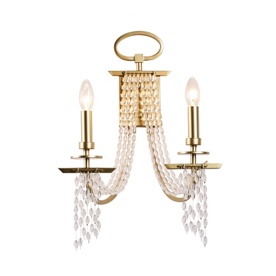 Crystal Beading Gold Wall Mount Light Candlestick 2 Lights Traditional Sconce Lighting Fixture