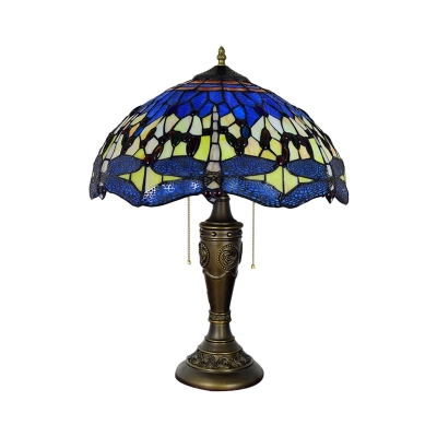 Cut Glass Dragonfly Patterned Desk Light Tiffany 2-Head Yellow and Blue/Blue and Green Pull Chain Table Lighting with Bowl Shade
