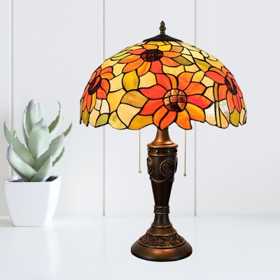 Cut Glass Red/Orange Night Lamp Bowl Shaped 2-Light Victorian Pull Chain Nightstand Lighting with Floral Patterned