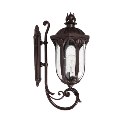 Dark Coffee Curvy Arm Wall Lighting Ideas Lodge Metal 1-Light Outdoor Sconce with Lantern Clear Seeded Glass Shade