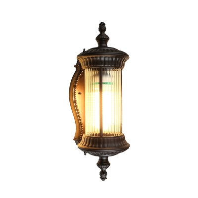 Dark Coffee Cylinder Surface Wall Sconce Rural Clear Ribbed Glass 1 Light Outdoor Wall Mount Light Fixture