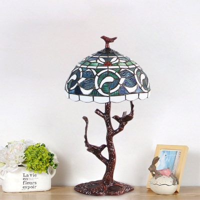 

Dome Shade Stained Glass Night Lighting Baroque 1 Light Coffee Nightstand Light with Tree Design, HL626118