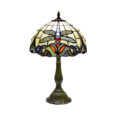 Dome Shape Night Light 1-Head Stained Art Glass Tiffany Nightstand Lighting in Bronze with Dragonfly Pattern