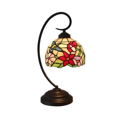 Domed Night Table Lighting 1 Light Hand Cut Glass Mediterranean Desk Light in Red/Yellow with Swirl Arm
