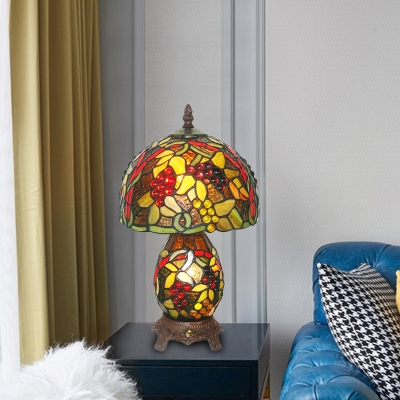 Domed Table Lighting Mediterranean Hand Cut Glass 1 Head Coffee Grapes Patterned Night Lamp with Vase Base